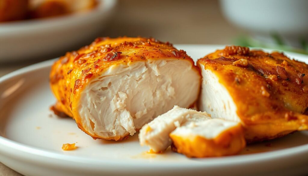 A crisp, golden-brown air fryer chicken breast, its skin glistening under soft, warm lighting. The tender, juicy meat is revealed as the chicken is sliced, its interior moist and inviting. The dish is plated on a simple, white ceramic dish, highlighting the succulent texture and flavor. The scene is captured from a slightly elevated angle, emphasizing the appetizing presentation. The background is softly blurred, allowing the chicken to be the focal point. An atmosphere of culinary excellence and healthful indulgence pervades the image, perfectly suiting the &amp;quot;Air Fryer Chicken Breast Recipes for Special Diets&amp;quot; section.