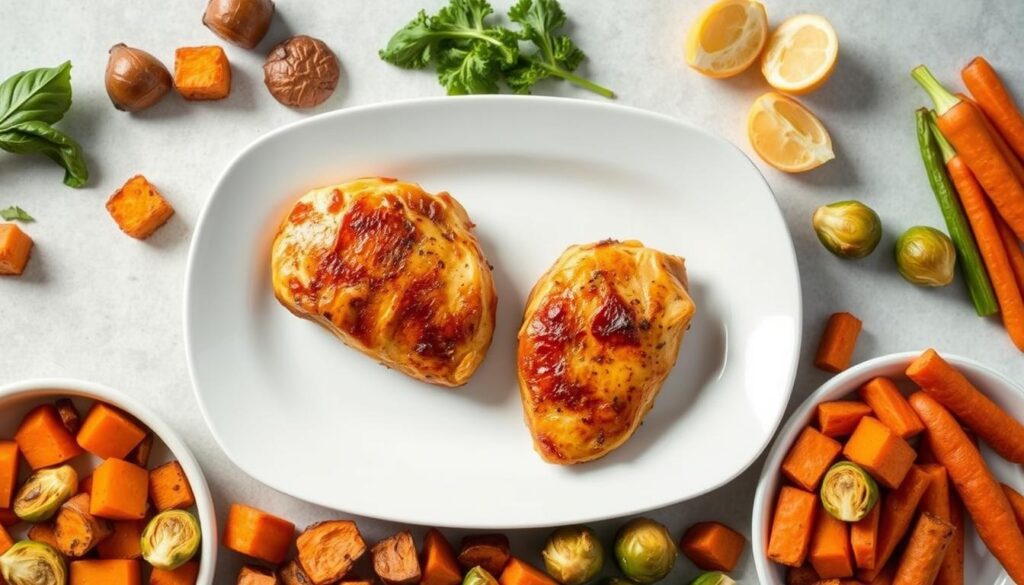 A neatly arranged meal prep setup featuring a plate of juicy air-fried chicken breasts, accompanied by a variety of fresh, vibrant side dishes. The chicken glistens with a golden-brown, crispy exterior, while the interior remains tender and succulent. Surrounding the plate, an assortment of roasted vegetables, such as sweet potatoes, Brussels sprouts, and carrots, adds a pop of color and texture. The composition is well-balanced, with the chicken as the focal point, set against a clean, neutral background that emphasizes the simplicity and healthiness of the meal. Soft, directional lighting casts gentle shadows, accentuating the three-dimensional elements and creating a warm, inviting atmosphere. The overall scene conveys a sense of efficiency, practicality, and meal-prep expertise.